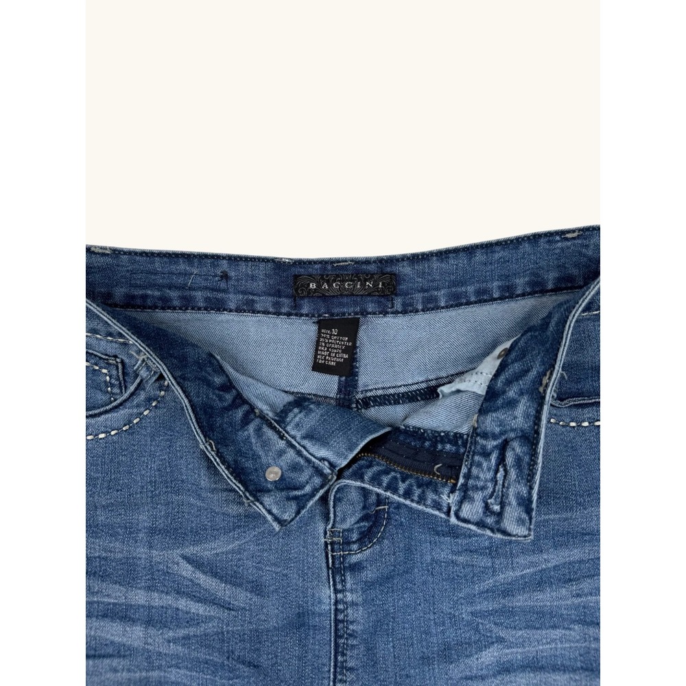 Baccini Womens Denim Mini Skirt Size 10 Blue Medium Wash Contrast Stitch Stretch - Picture 2 of 5